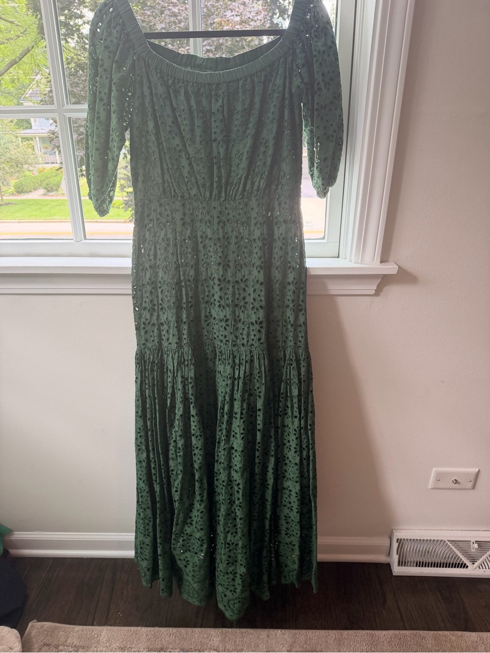 Veronica Beard Forest Green Eyelet Maxi Dress with Puff Sleeves